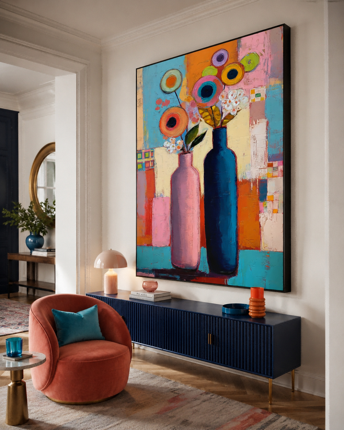 Modern Pop Art Style Floral Canvas With Geometric Shapes And Bold Colors For Contemporary Interiors