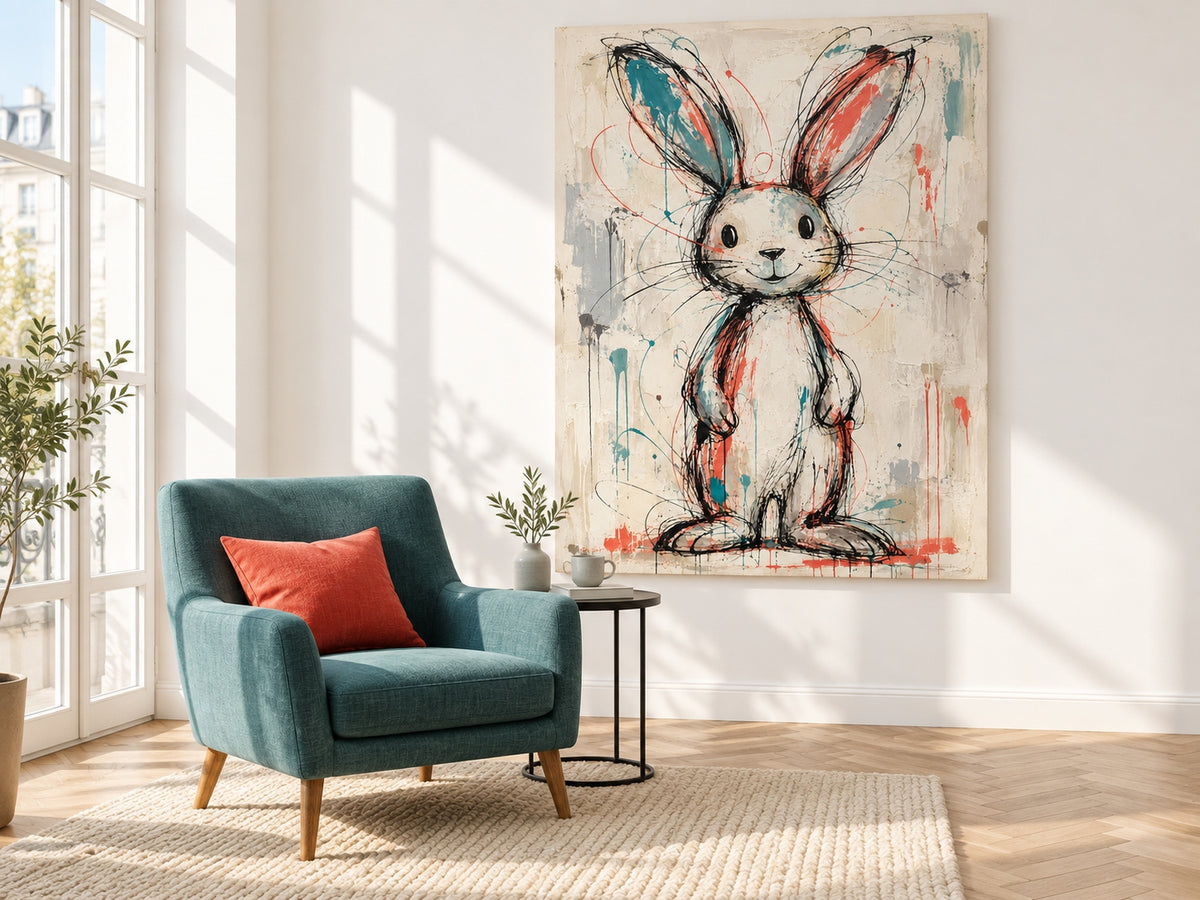 Hand-Painted Graffiti Rabbit Canvas Art With Teal And Coral Accents