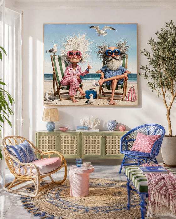 Humorous Beach Couple Painting For Living Room Decor With Ocean Vibes And Playful Style