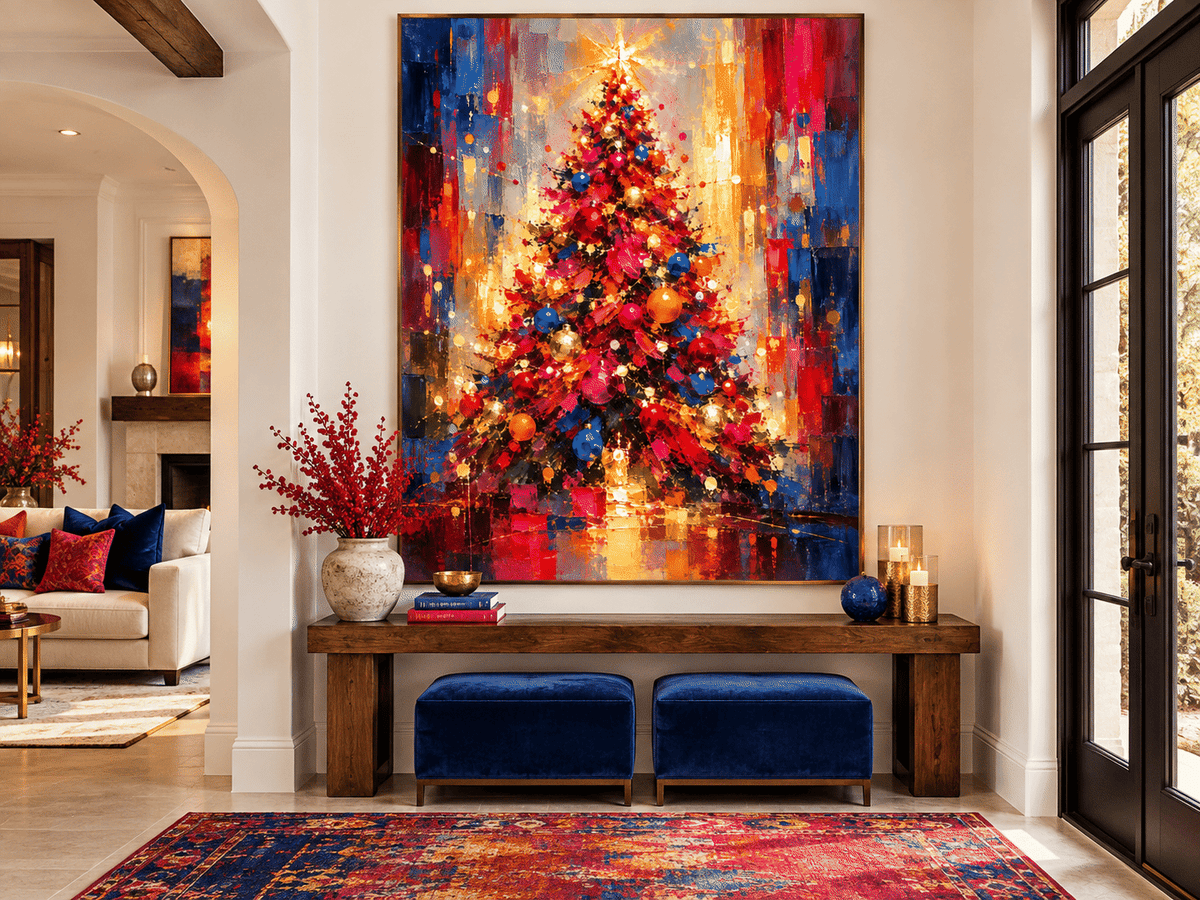 Expressionist Abstract Christmas Tree Canvas Painting With Gold And Red Ornaments For Holiday Decor