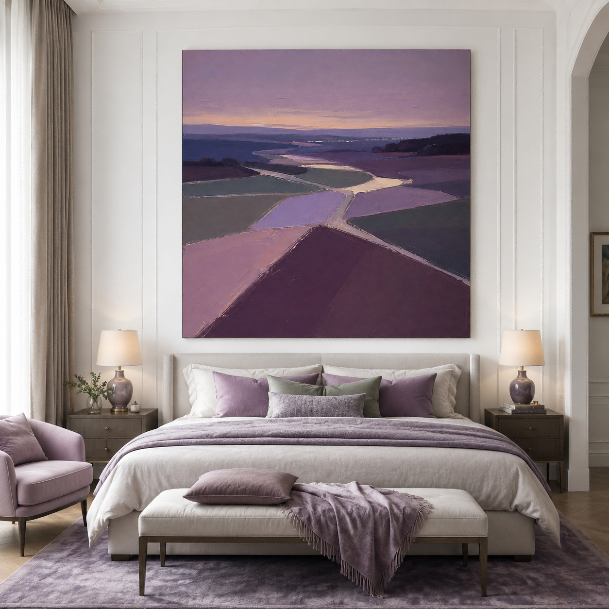 Serene Twilight Purple Field Painting Abstract Geometric Art With Deep Spatial Perspective