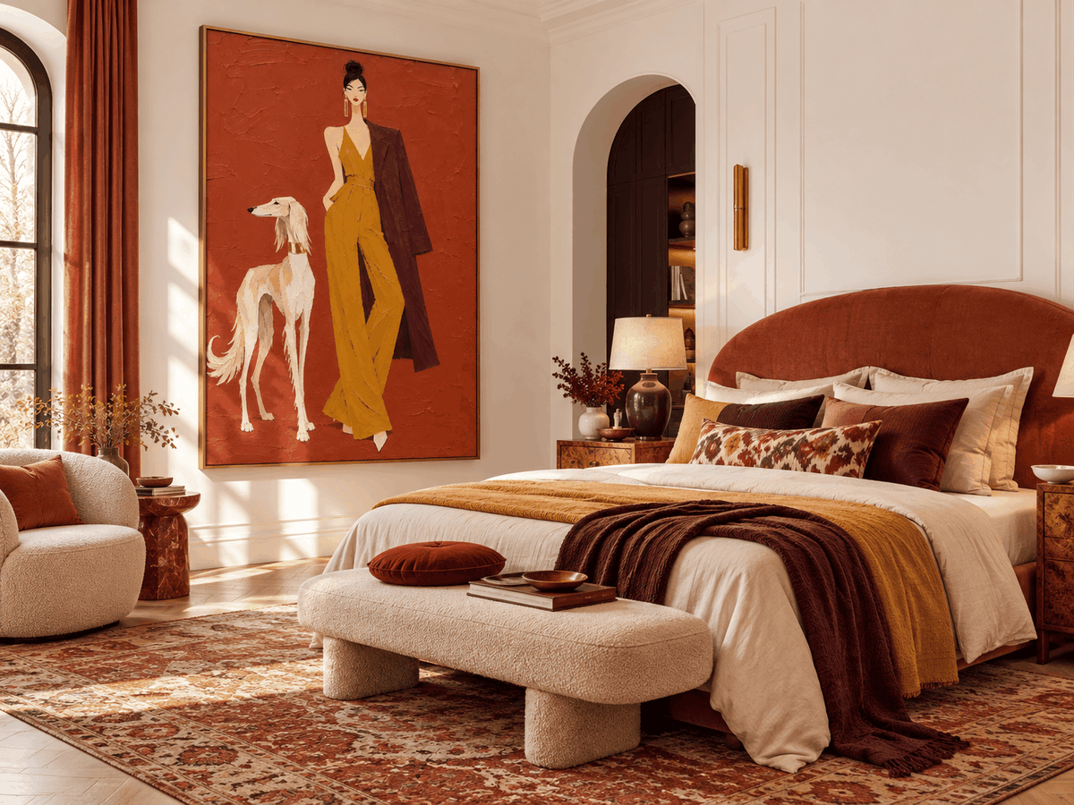 Hand-Painted Woman And Dog Canvas Art In Brick Red And Mustard Yellow