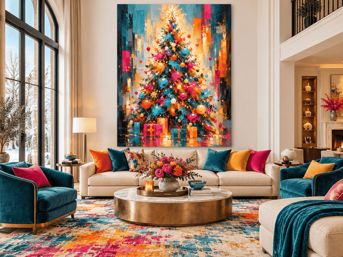 Abstract Christmas Tree Canvas Painting With Gold And Blue Ornaments Textured Canvas With Vintage Vibes