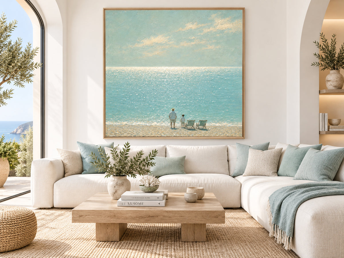 Father And Son Beach Scene Hand-Painted Canvas Art In Soft Blue Tones
