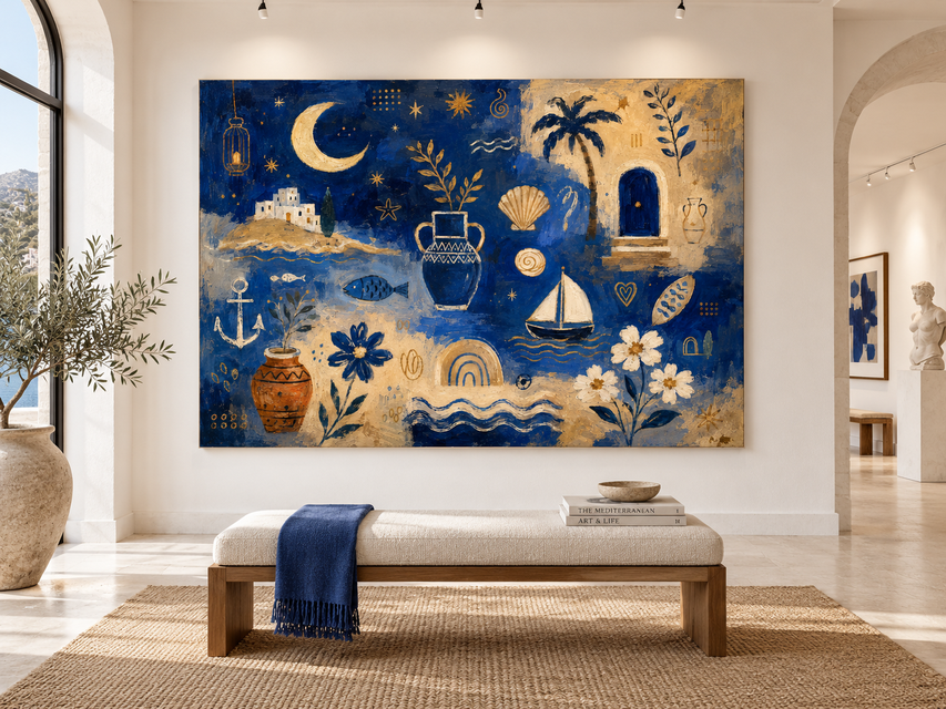 Abstract Modern Vintage Style Painting With Geometric Sea Motifs
