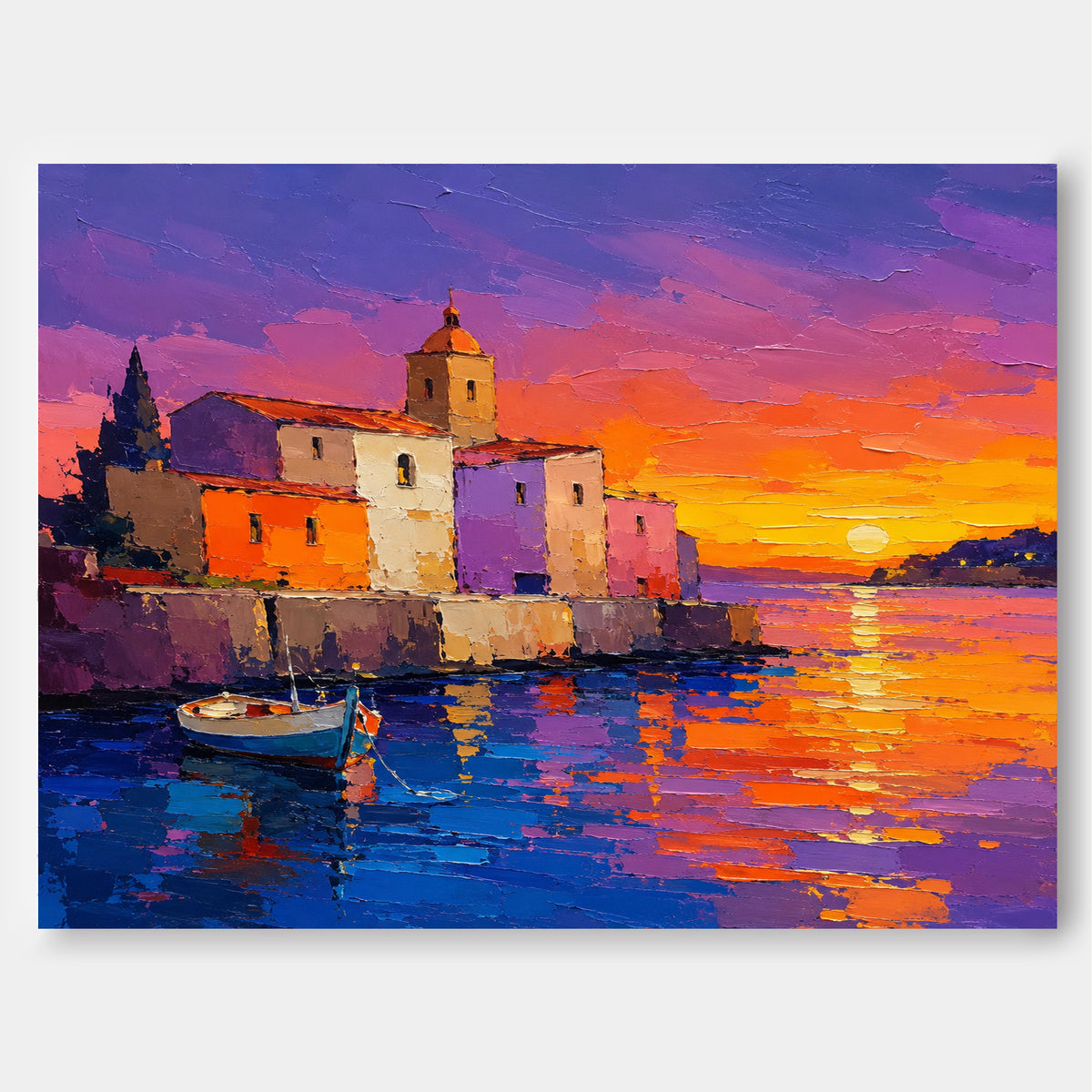 Mediterranean Harbor Sunset Hand-Painted Canvas Art With Vibrant Purple And Orange Tones