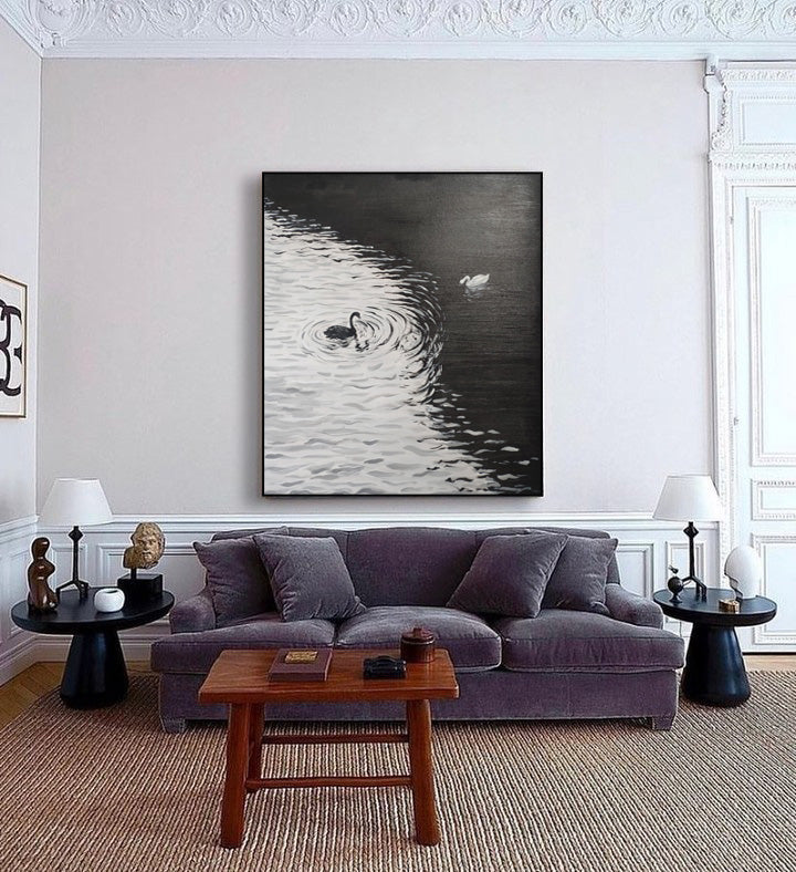 White And Black Modern Animal Swan Oil Painting Impressionist Swan Wall Art Living Room Decoration