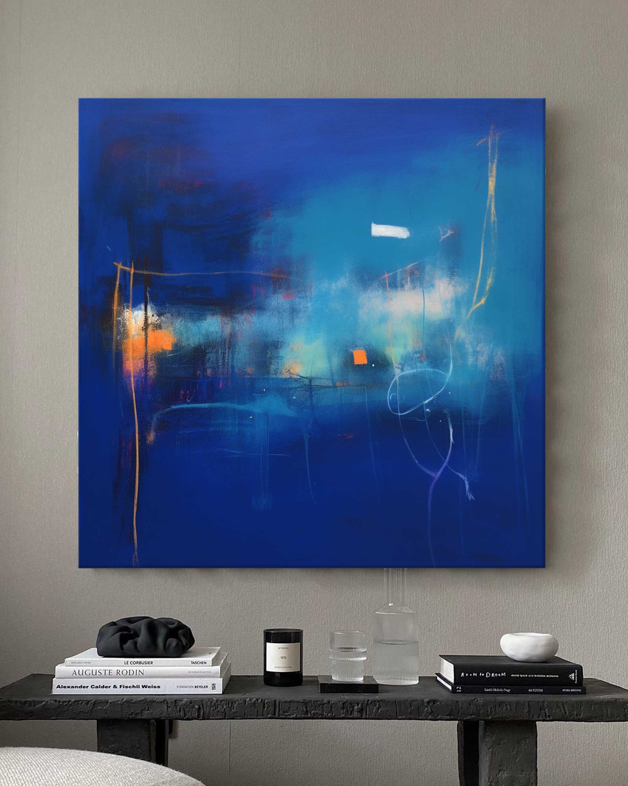 Bright Blue Modern Original Wall Art Large Square Acrylic Painting Abstract Oil Painting For Living Room