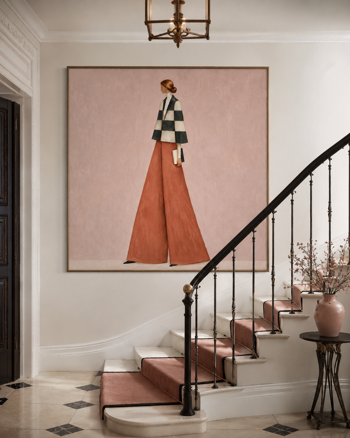 Fashion Woman In Checkered Jacket And Rust Pants Hand-Painted Canvas Art