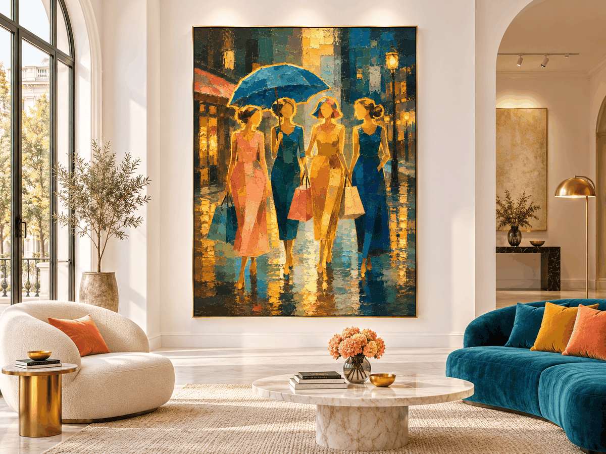 Textured Expressionist Painting Of City Life In Retro Style Hand-Painted Fashion Women With Umbrella Canvas Art