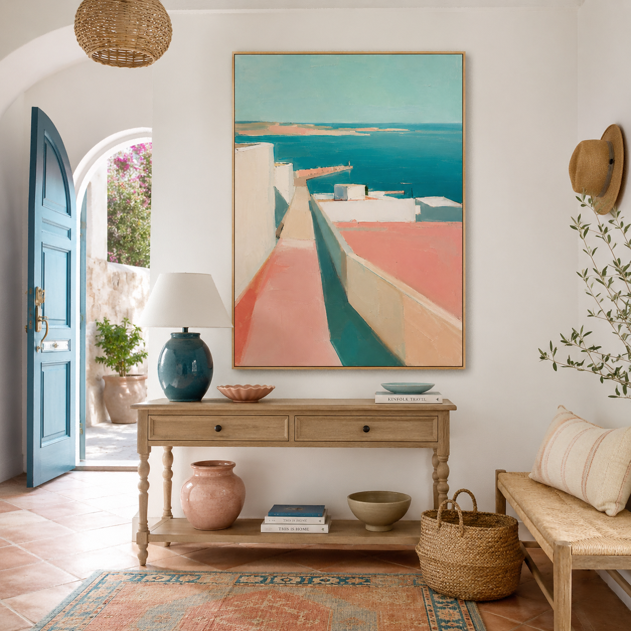 Abstract Coastal Architecture Art With White Buildings And Turquoise Sea Vertical Canvas