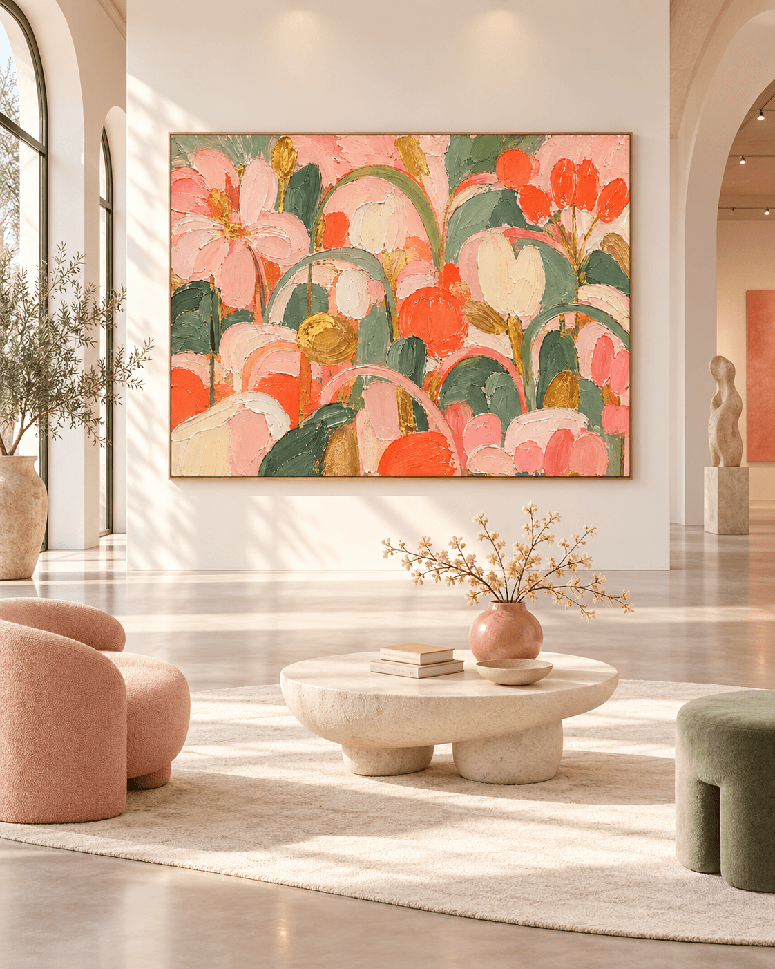 Abstract Floral Canvas Painting With Gold Leaf Accents For Modern Home Decor