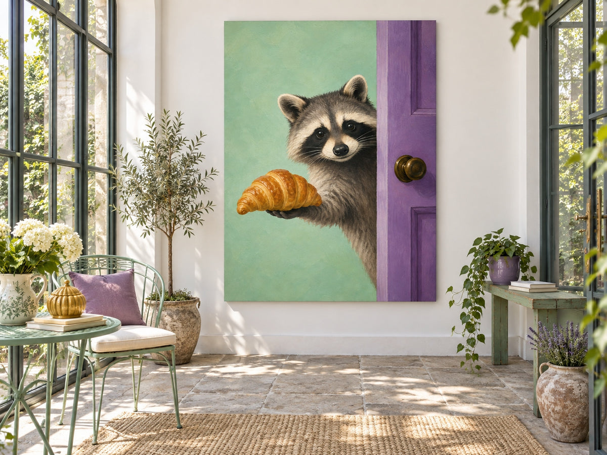 Modern Whimsical Raccoon Portrait Oil Painting Mint Green And Violet Tones