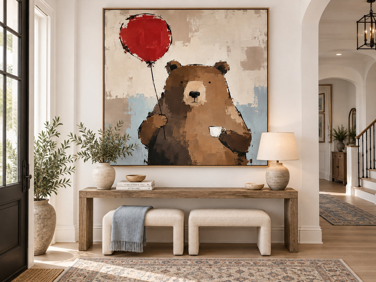 Hand-Painted Minimalist Brown Bear With Red Balloon Canvas Art