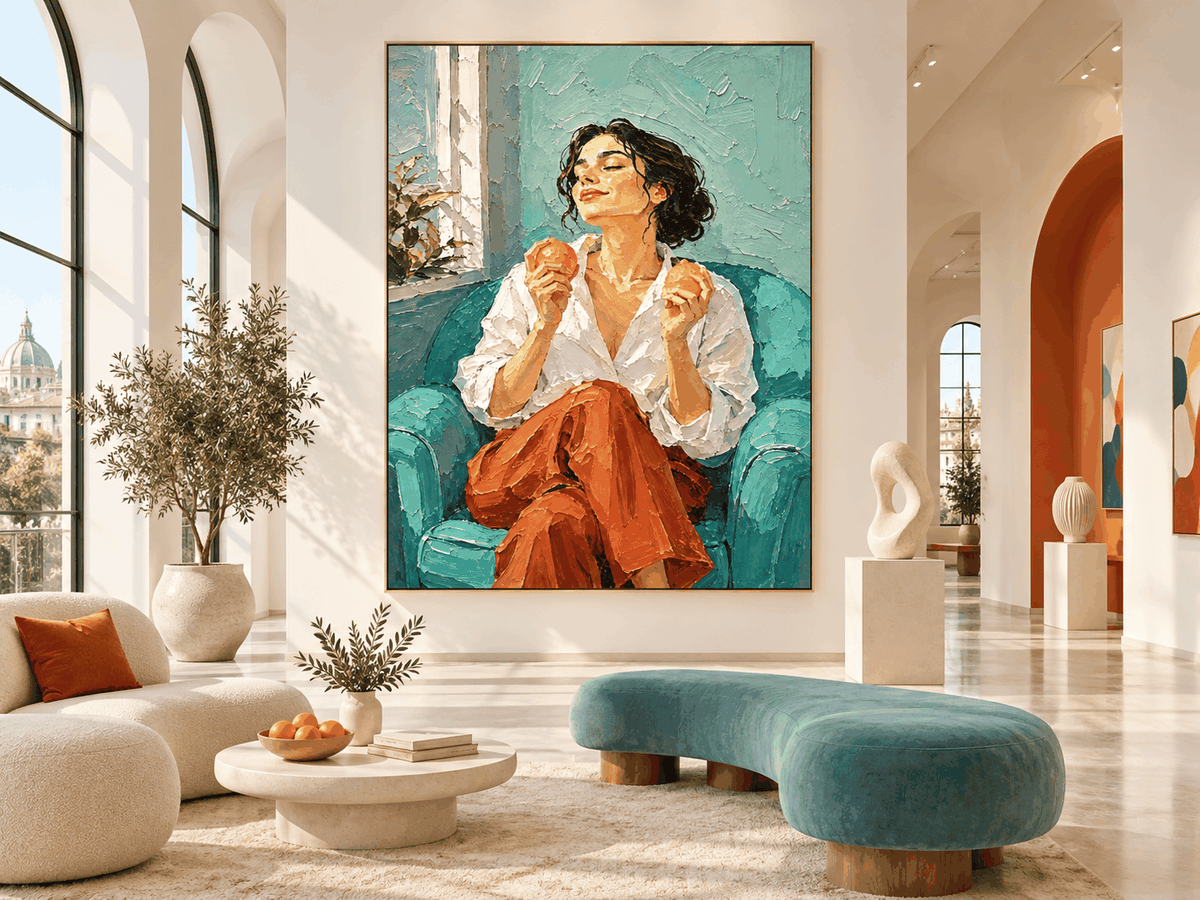Textured Impressionist Canvas Painting Of Woman In Vintage Style