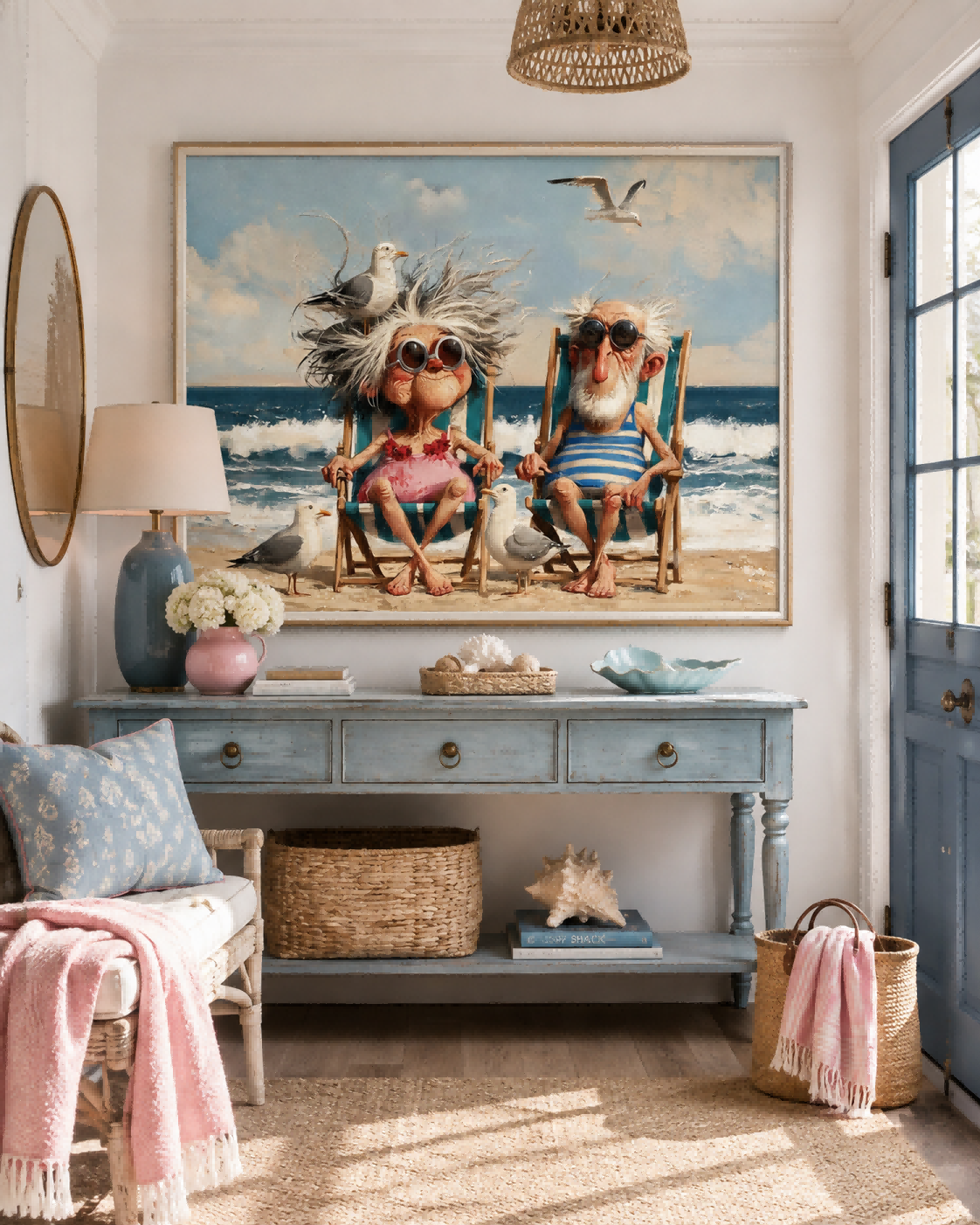 Bright Coastal Art Featuring Funny Seniors And Seagulls For Beach House Wall
