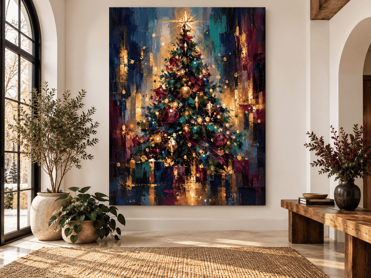 Abstract Christmas Tree Canvas Painting With Gold Star And Ornaments