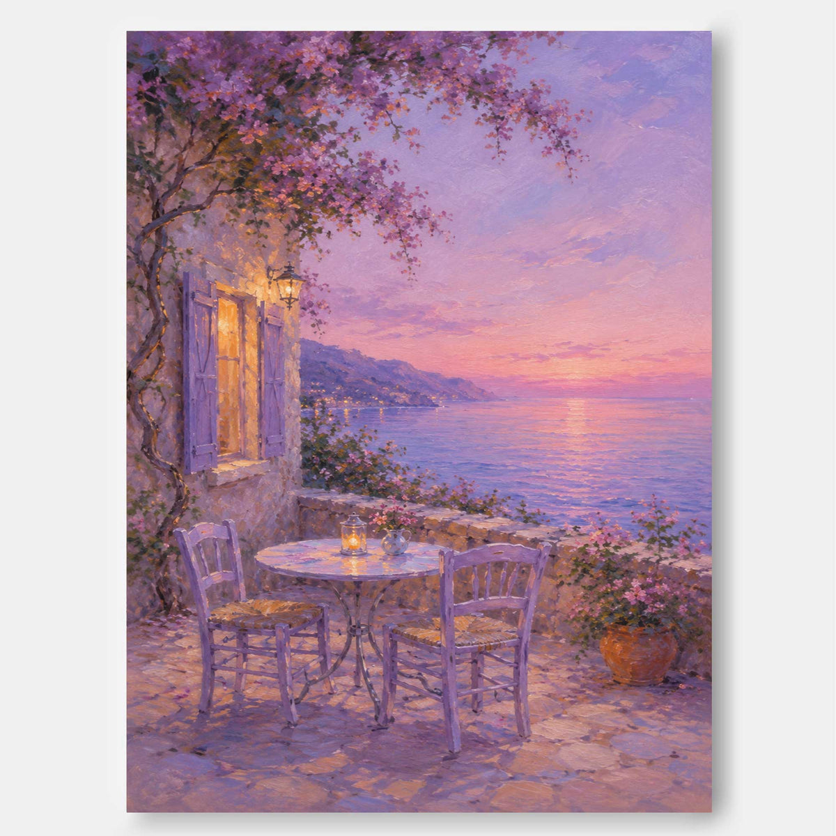 Modern Impressionist Oil Painting Of Dreamy Pink Purple Twilight Seascape