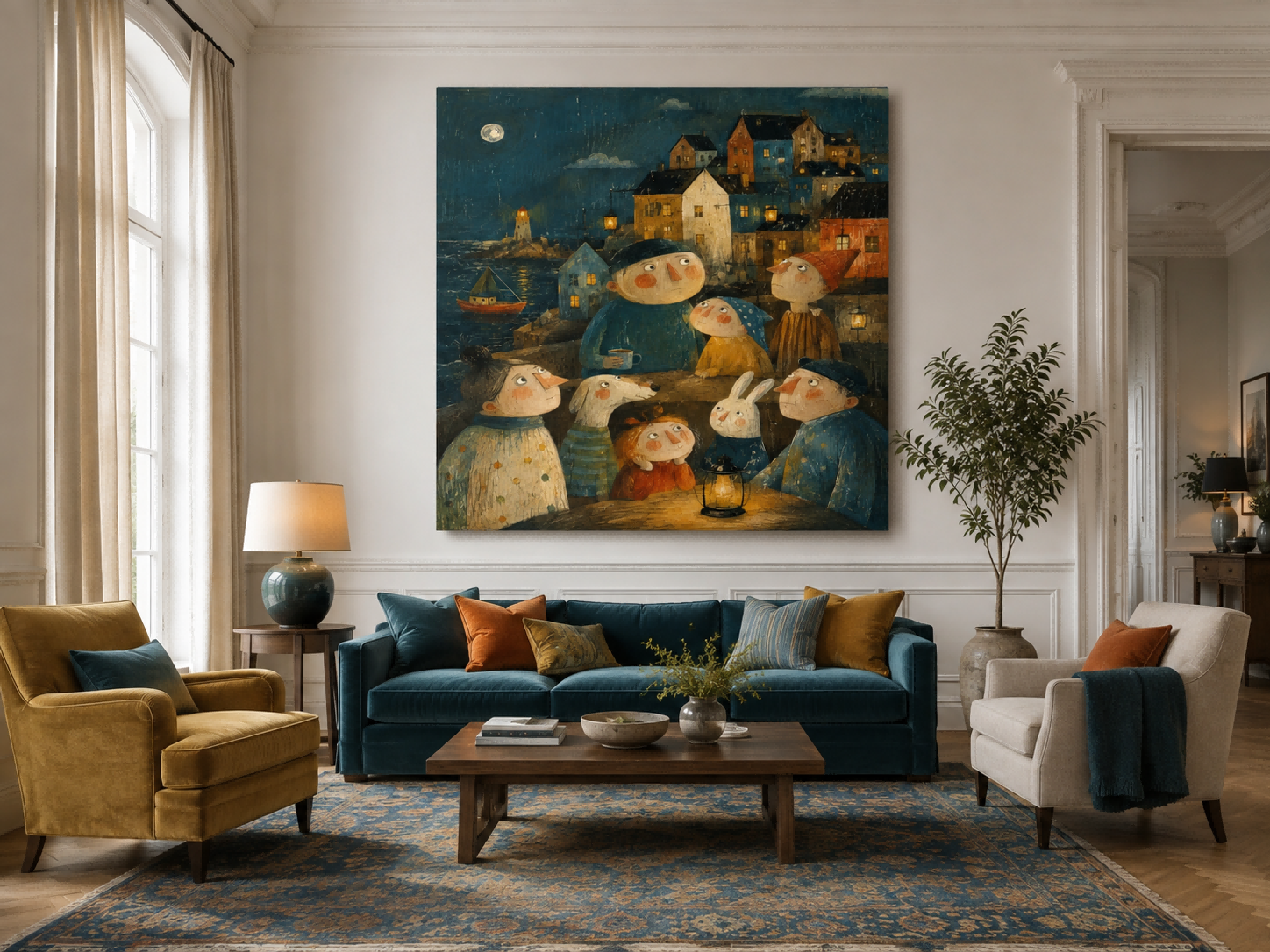 Naive Art Style Painting Of A Fantasy Port Town Under A Full Moon