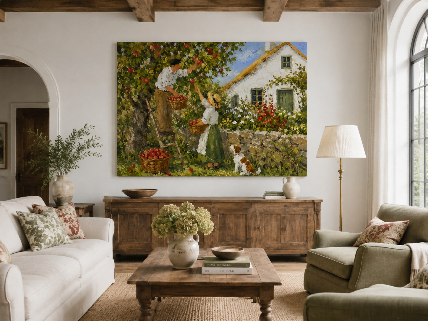 Pastoral Oil Painting Style Canvas Art Of Apple Orchard Harvest With Stone Wall And Flower Garden