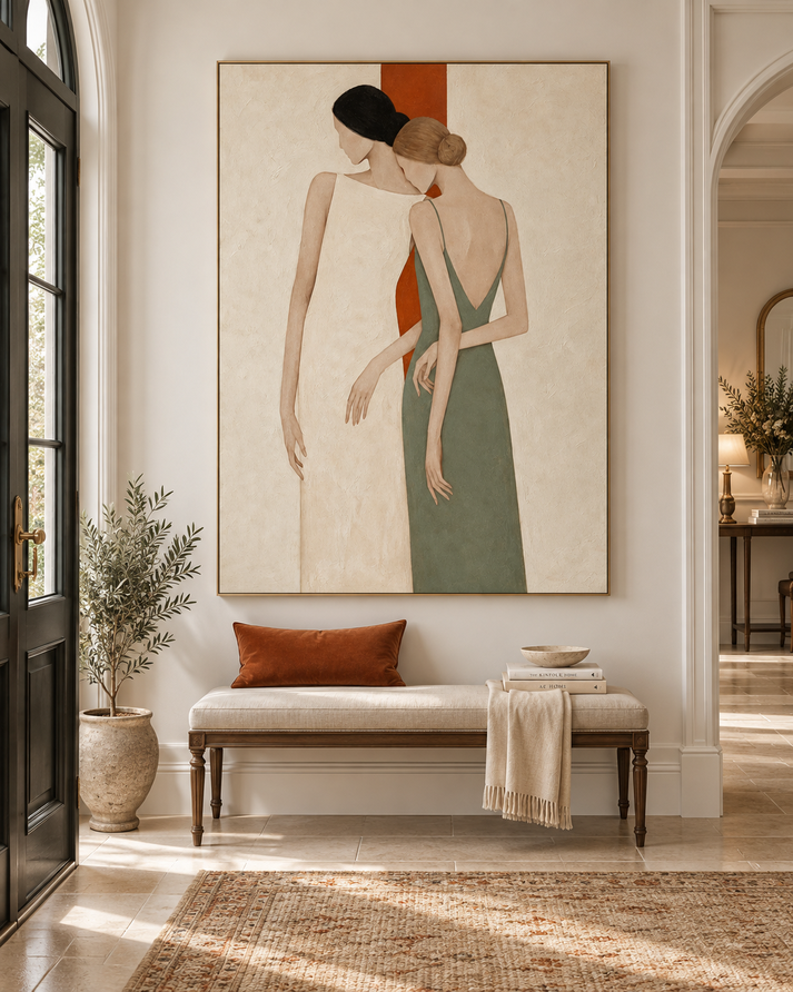 Minimalist Two Women Portrait Hand-Painted Canvas Art In Beige And Green