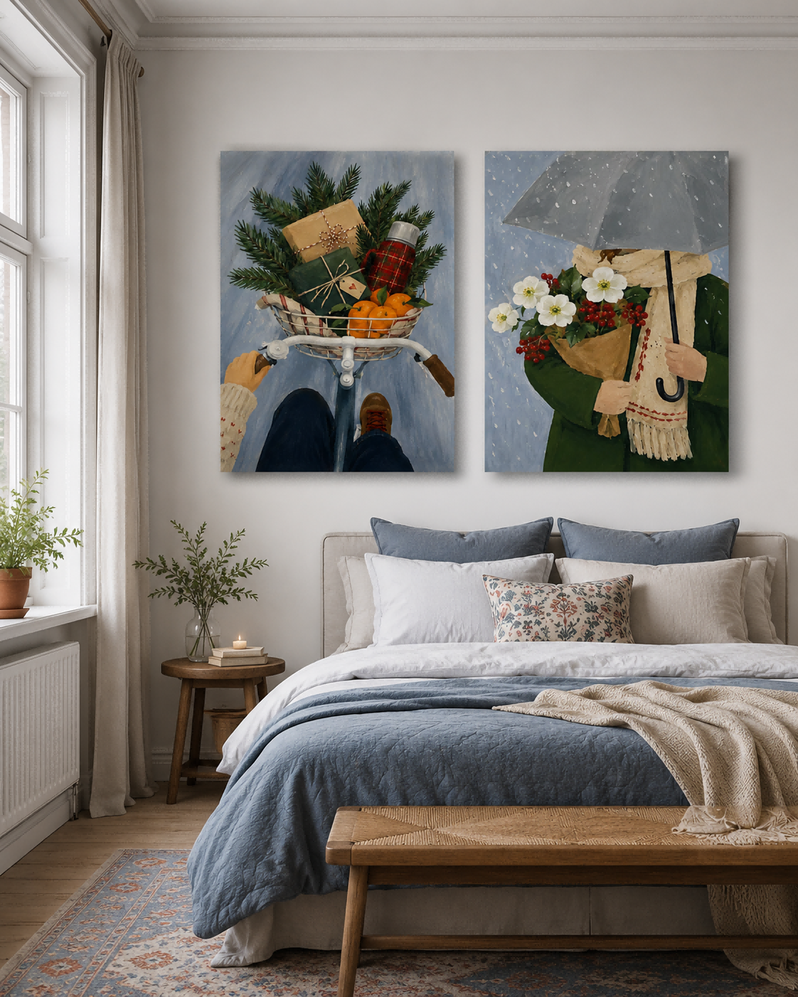 Hand-Painted Winter Scene Diptych With Bicycle And Flowers Canvas Art