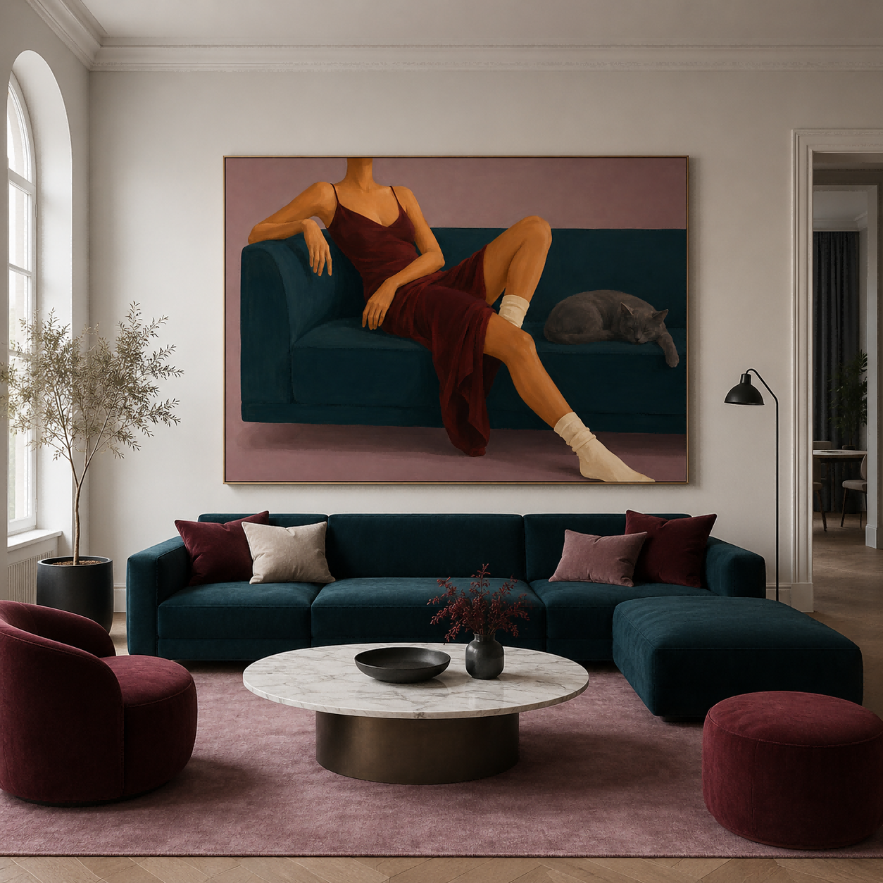 Modern Figurative Oil Painting Of Elegant Woman Resting With Pet At Home Woman And Cat On Sofa Hand-Painted Modern Canvas Art In Red And Teal