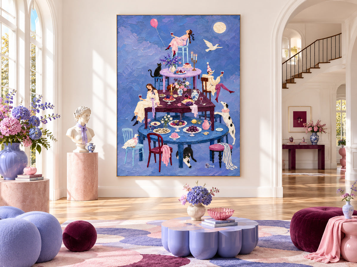 Surreal Moonlit Banquet Hand-Painted Canvas Art With Stacked Tables And Animals Vintage Dining Room Wall Art