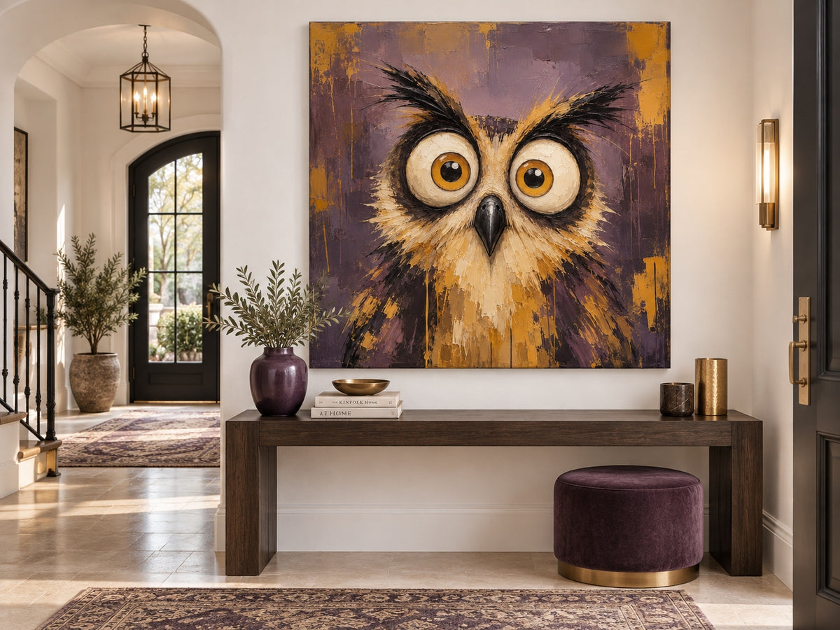 Abstract Pop Art Owl Painting With Textured Brushwork And Humorous Appeal