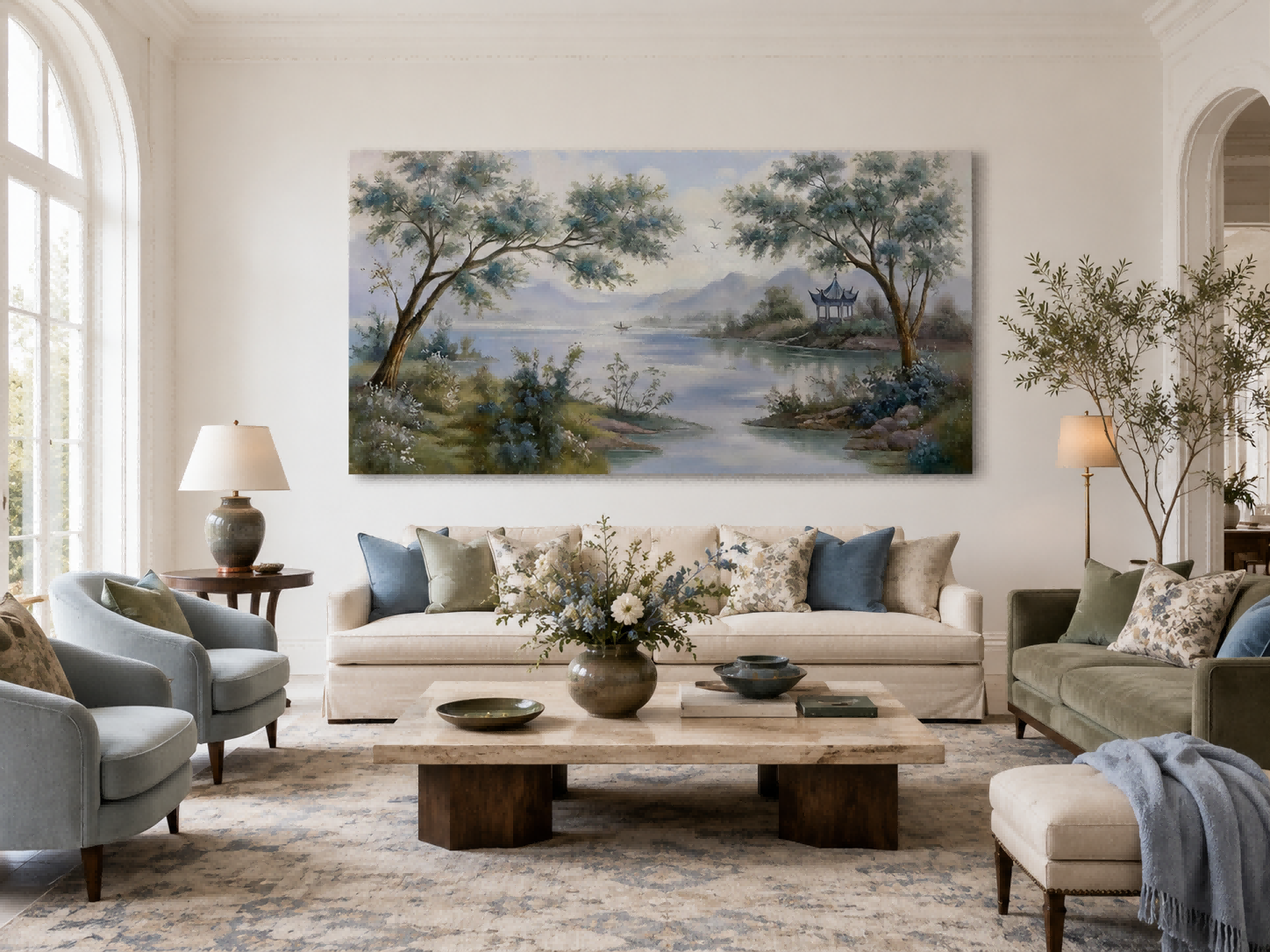 Serene River View Canvas Art With Mountains And Trees For Modern Home