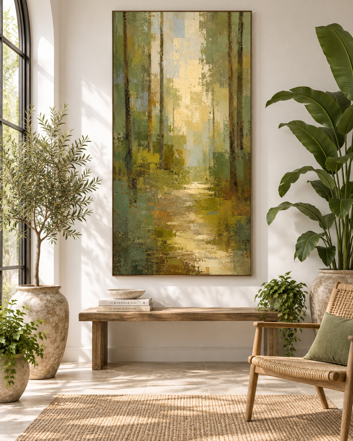 Abstract Forest Path Hand-Painted Canvas Art With Green And Gold Tones