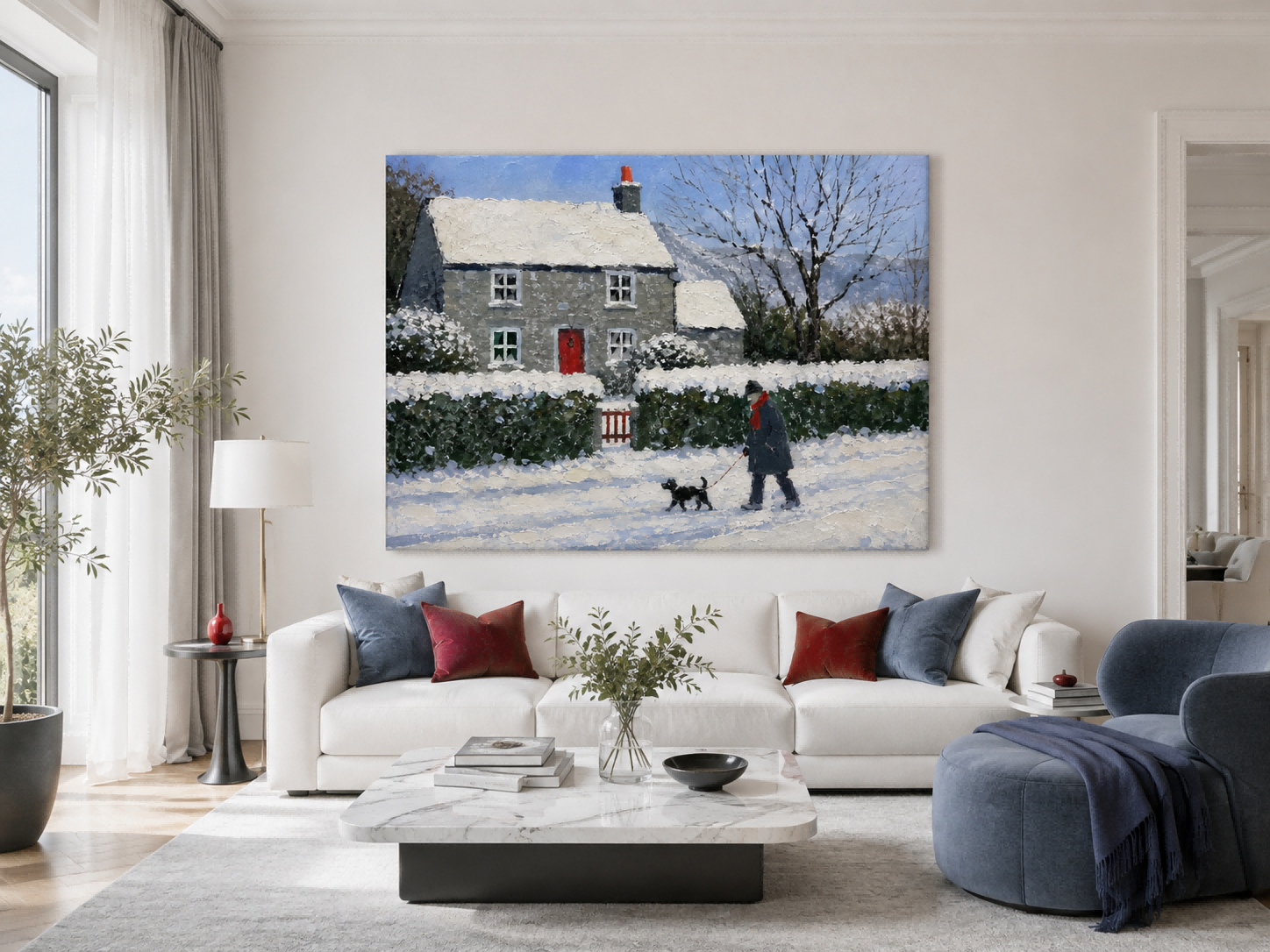 Traditional Realist Snowy Village Painting With Textured Brushwork On Canvas