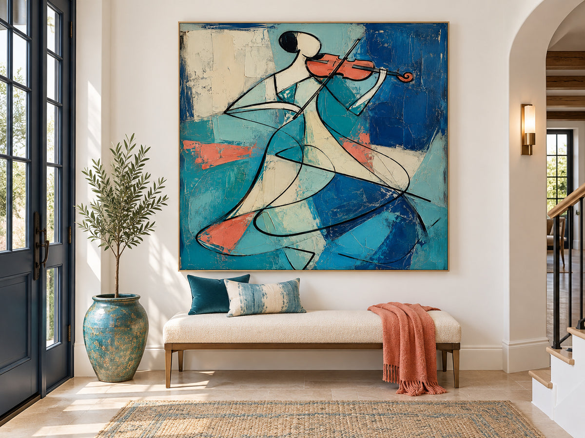 Cubist Style Geometric Abstract Painting With Textured Blue And Orange Tones