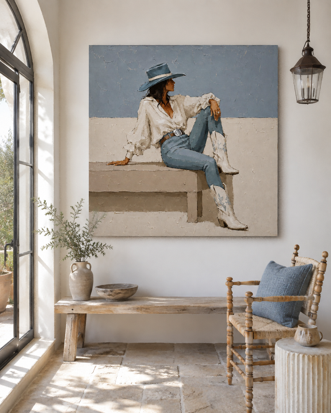 Textured Square Canvas Art Featuring Woman In Cowboy Hat And Boots