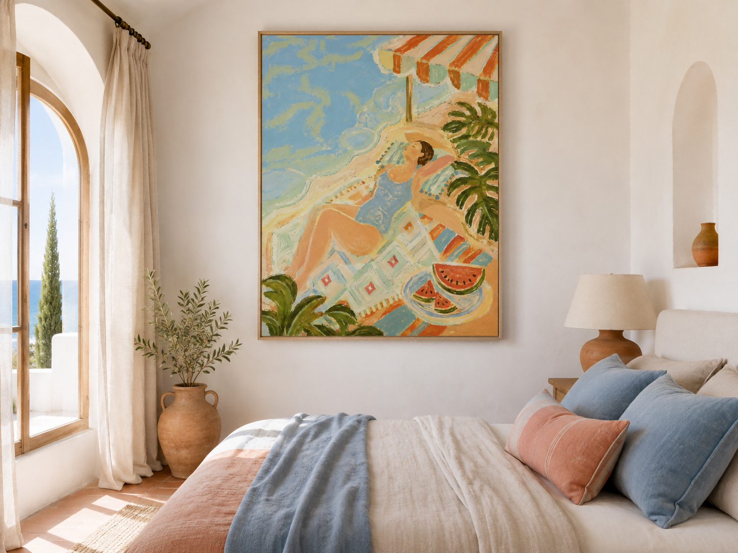 Dreamy Art Deco Style Painting With Ocean And Tropical Elements