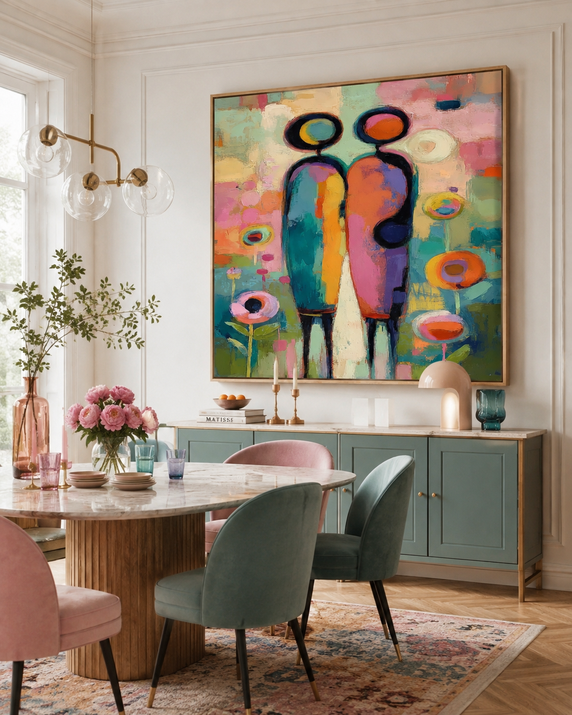 Colorful Abstract Couple Painting Modern Geometric People Art For Living Room Decor
