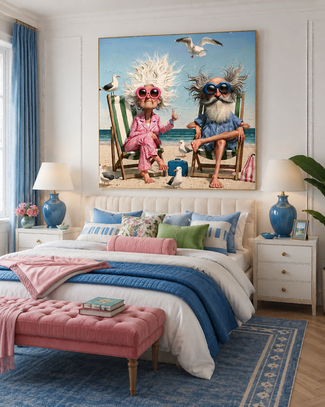 Humorous Beach Couple Painting For Living Room Decor With Ocean Vibes And Playful Style