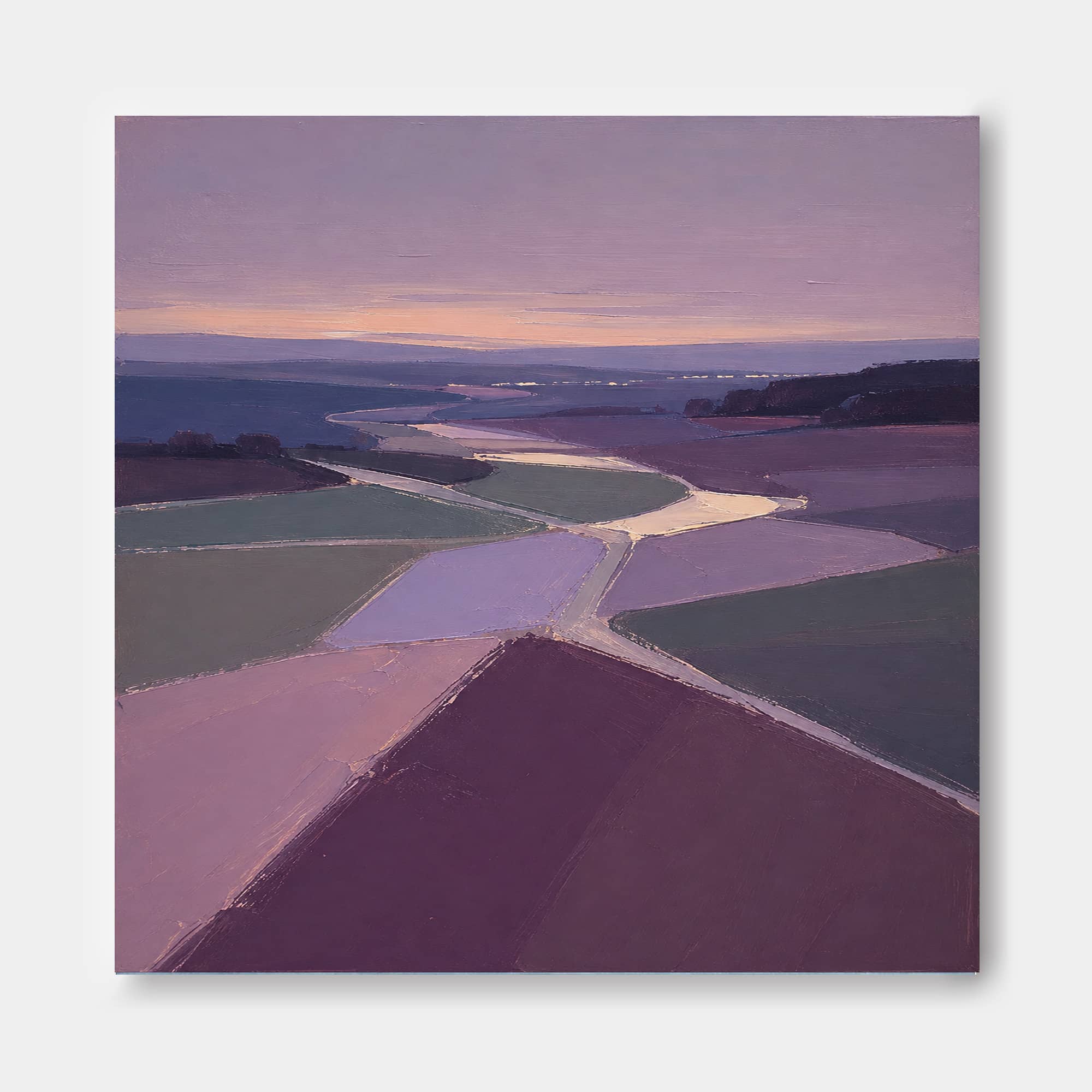 Serene Twilight Purple Field Painting Abstract Geometric Art With Deep Spatial Perspective