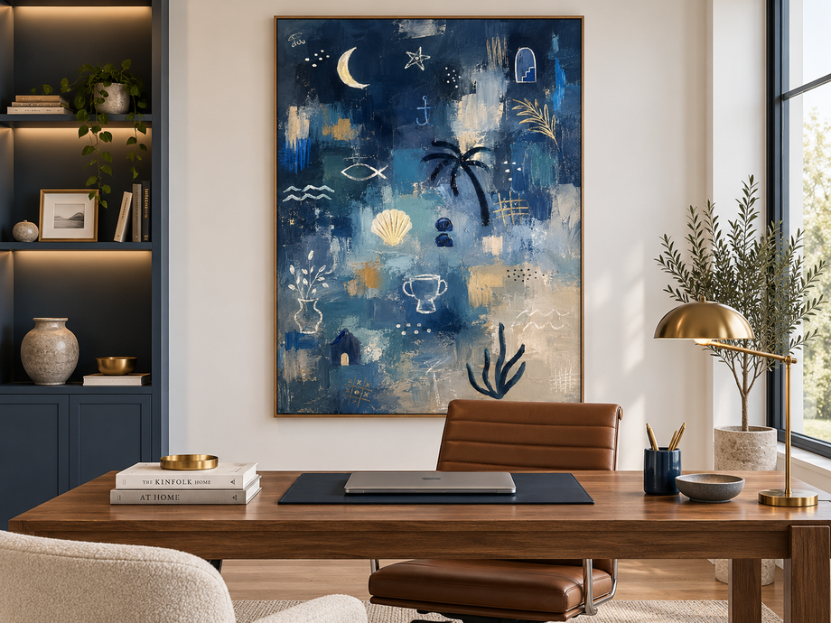 Modern Textured Abstract Painting With Gold Accents Ocean Theme Wall Art