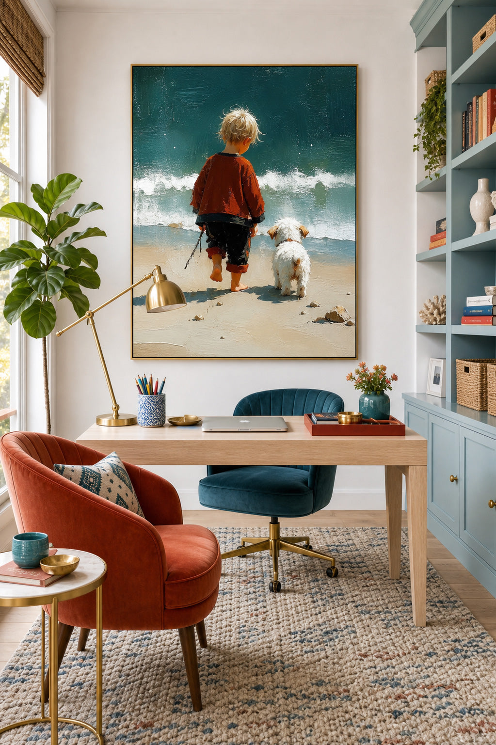 Impressionist Style Child And Dog Beach Painting Original Oil Art For Living Room Decor
