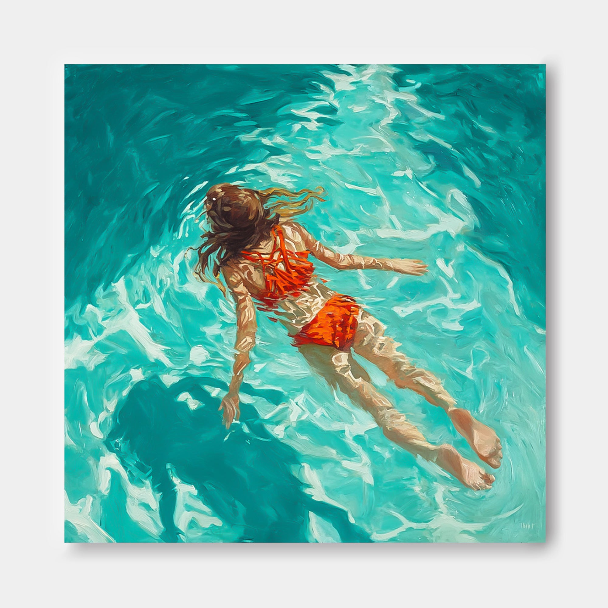 Pretty Lady Artwork Square Diving In Ocean Sensual Woman Acrylic Painting Original Girl swimming Wall Art