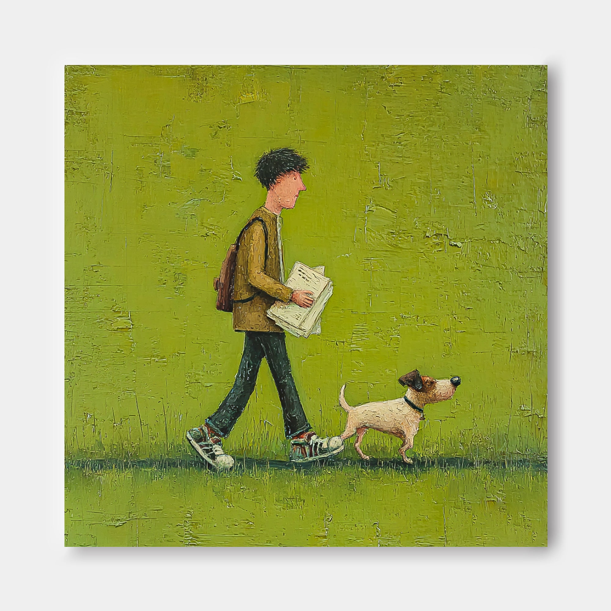 Abstract Warm And Peaceful atmosphere Landscape Green Grassland Wall Art Minimalist Boy Walking The Dog Painting