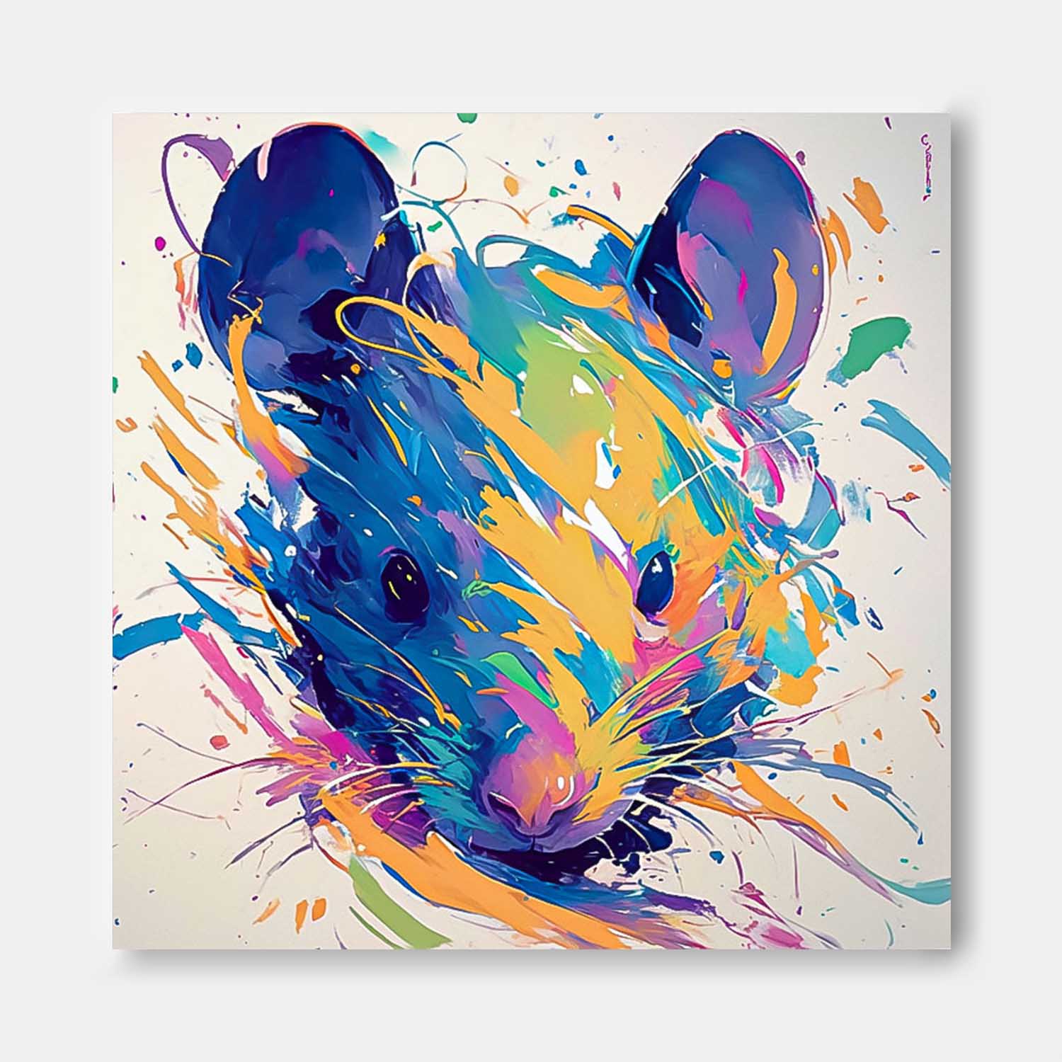 Original Lovely Rat Wall Art Square Mouse Oil Painting Canvas Large Colorful Animal Artwork Home Decor