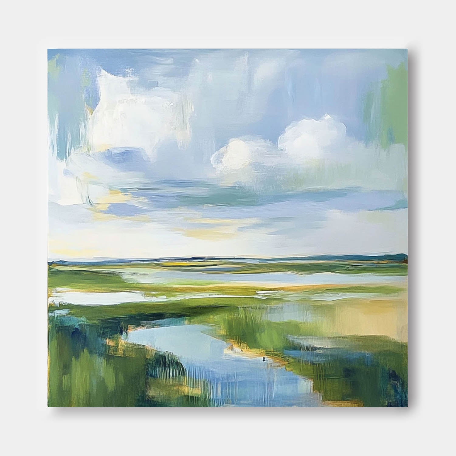 Large Blue Texture Wall Art Framed Abstract Lake Landscape Oil Painting Green Countryside Landscape Artwork