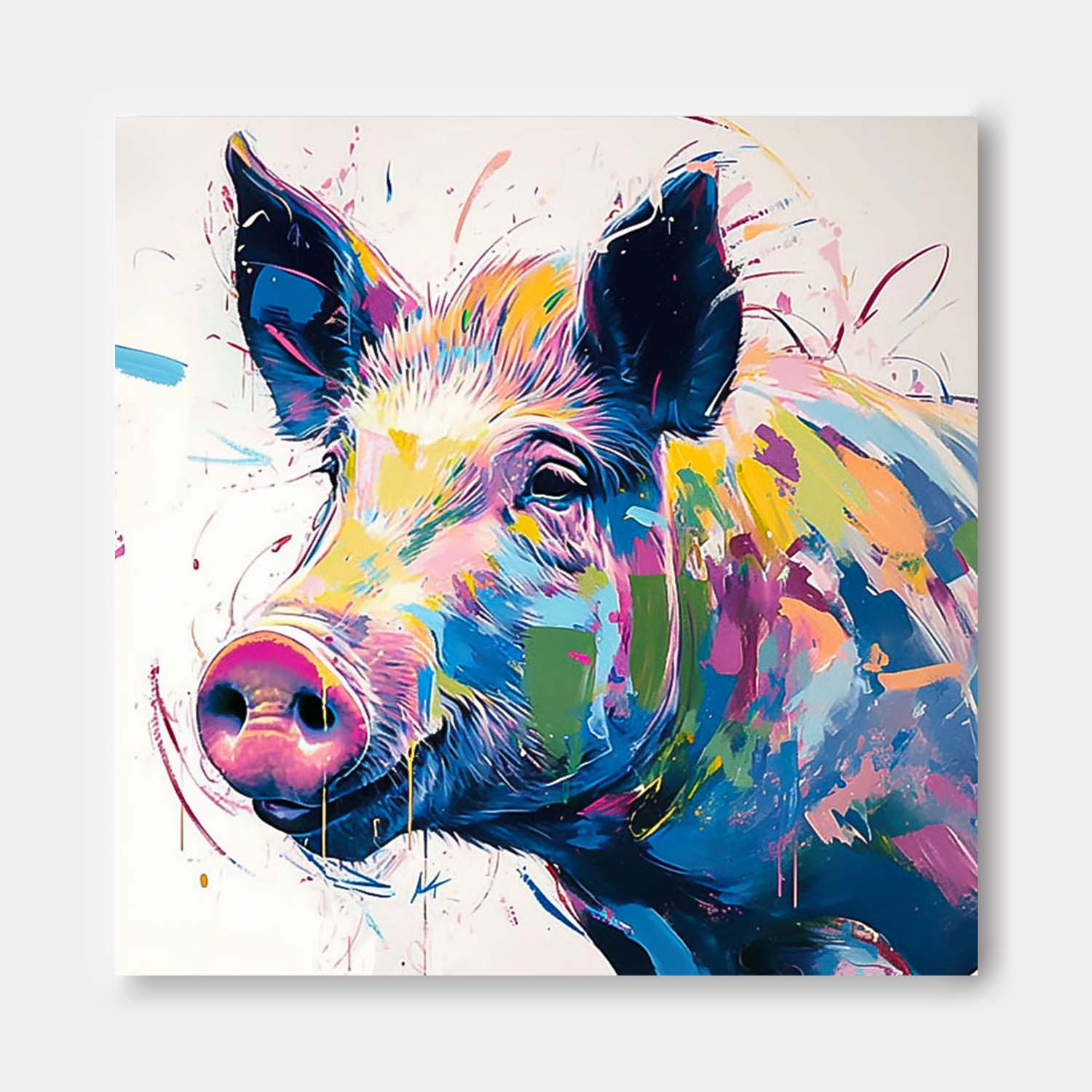 Square Pig Oil Painting Canvas Large Colorful Animal Artwork Original Lovely Swine Wall Art Home Decor