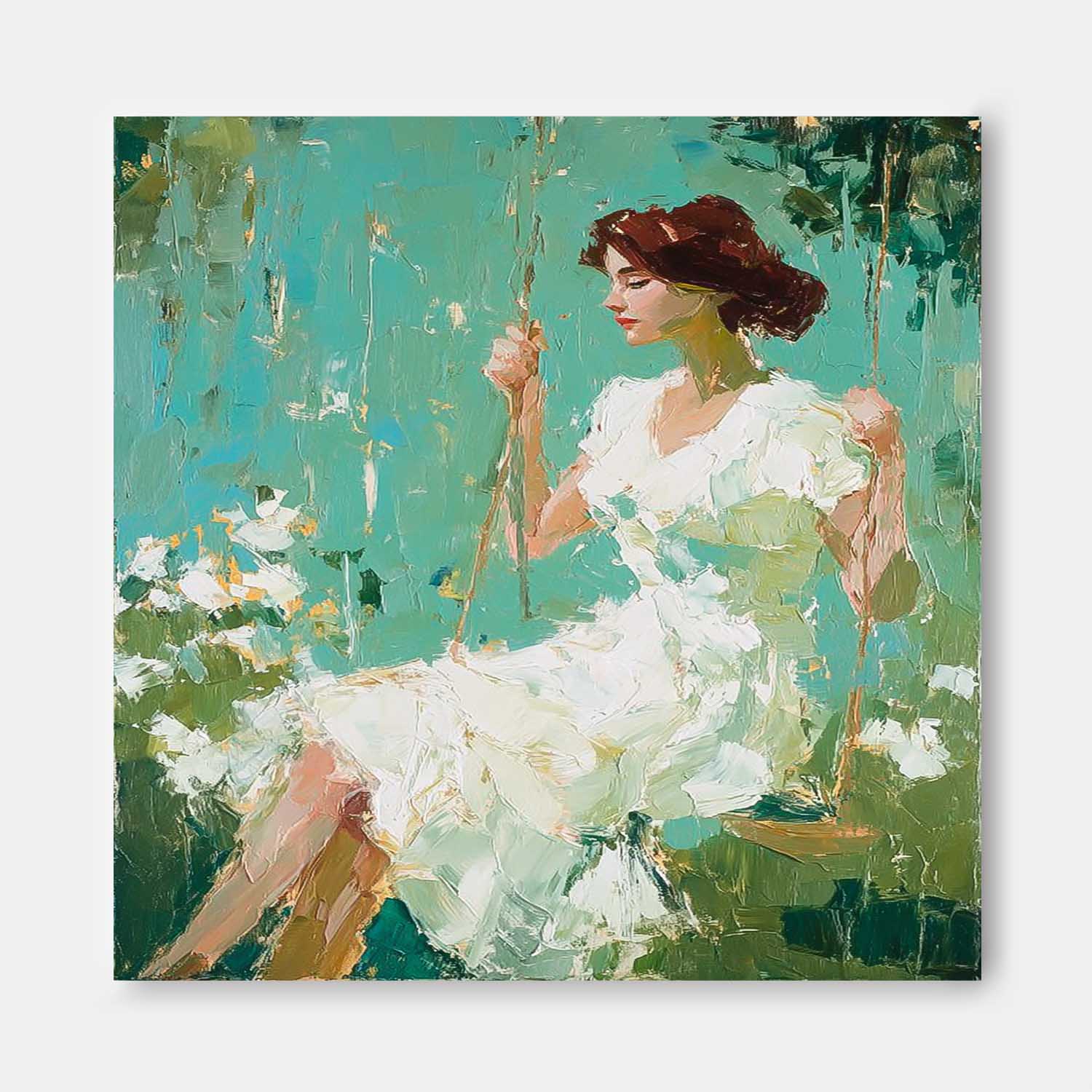 Green Impressionist Oil Painting Of Woman Sitting On Swing Floral Background Wall Art For Living Room