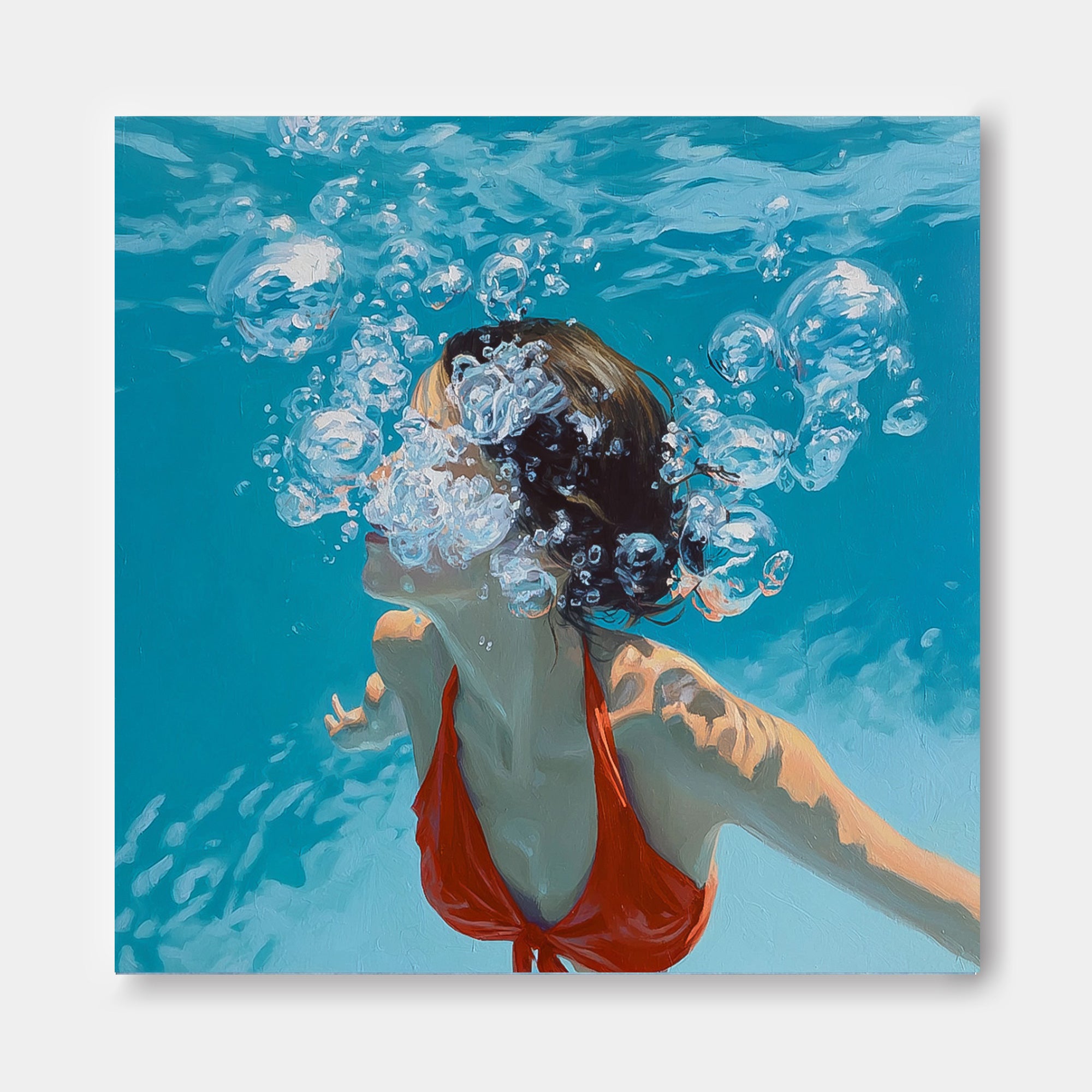 Lovely Lady Artwork Square Diving In Ocean Sensual Woman Acrylic Painting Original Girl swimming Wall Art