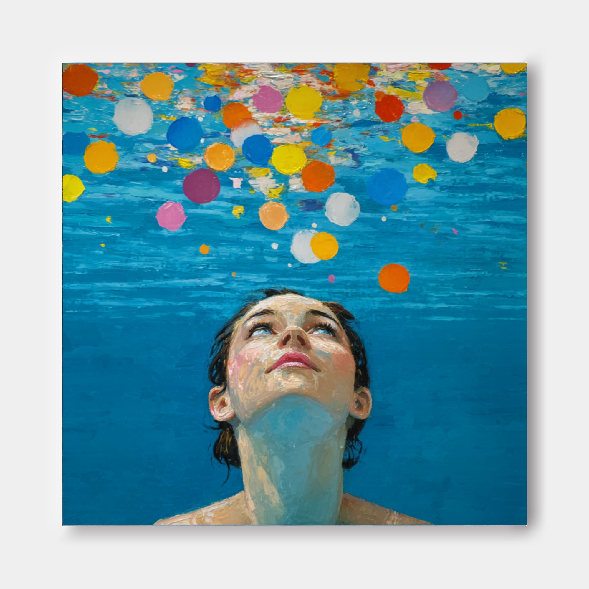 Diving Oil painting Blue Abstract Swimming Girl Wall Art Diving in Ocean Woman Handmade Canvas Artwork