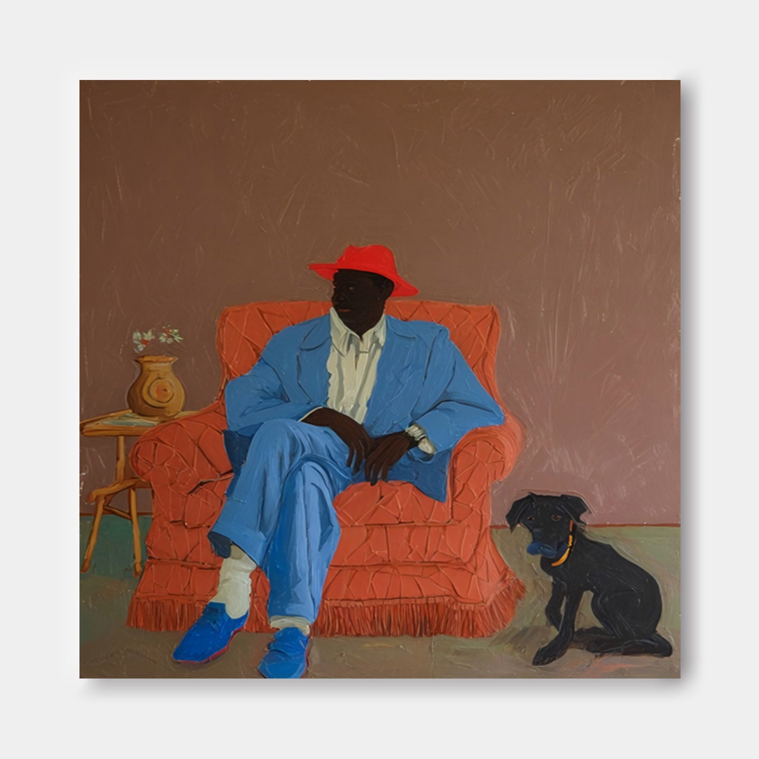 Retro-Style Portrait Oil Painting Man In Red Hat & Blue Suit With Dog Original Warm-Toned Canvas Art Wall Decor