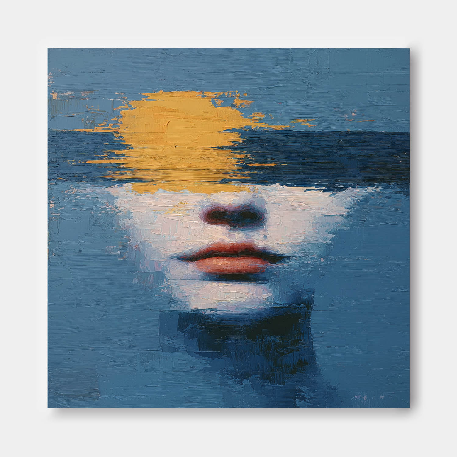 Abstract Soulful Face In Ocean Waves Oil Canvas Calming Blue-Yellow Wall Art For Boho Minimalist Home Decor